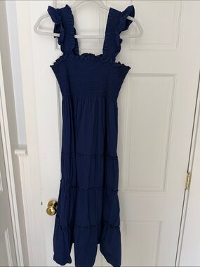 Hill House Navy Ruffle Strap Midi Dress
